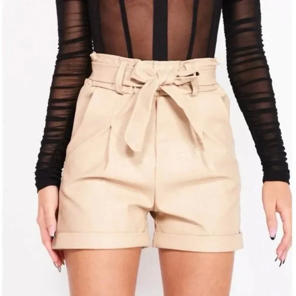 Beige Vegan Leather Faux Leather High Waist Cuffed Paper Bag Waist Shorts - Picture 14 of 17